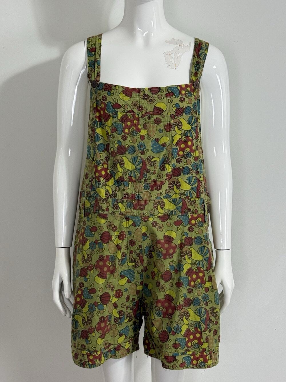 Vintage Jayli Women’s Mushroom Print Overall Shorts Retro Boho Hippie Size XL